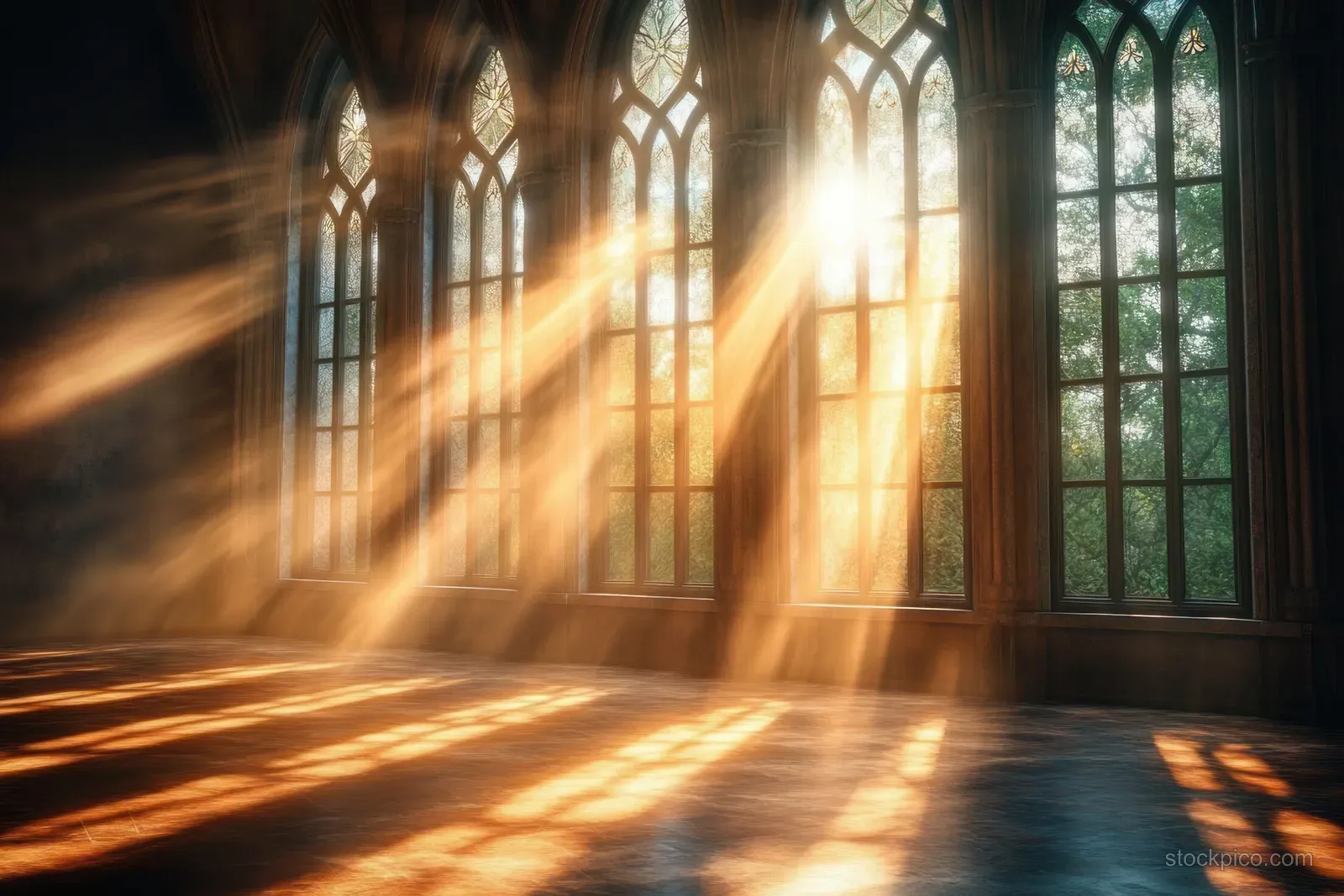 Golden sunbeams stream through stained-glass gothic church windows into a dim interior with archways.