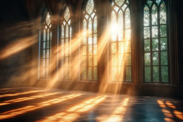 Golden sunbeams stream through stained-glass gothic church windows into a dim interior with archways.
