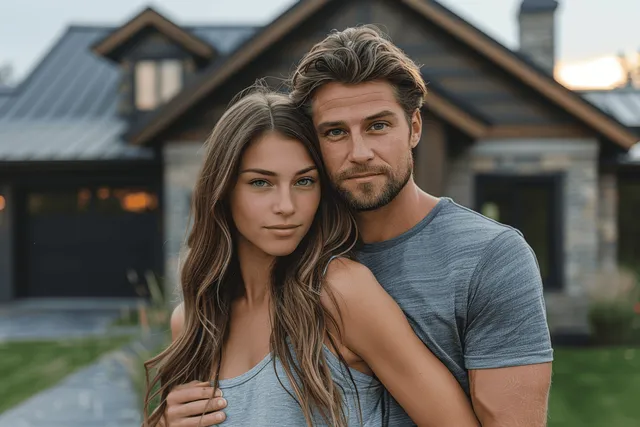 Young couple hugging in front of modern house at sunset, warm porch lights