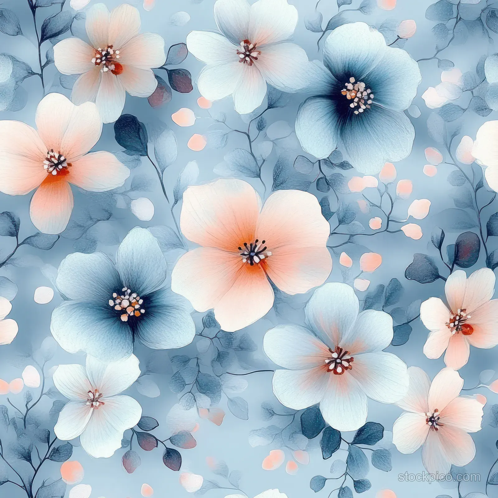Pastel watercolor blossoms and leaves repeat across a light blue background with faint cracked texture.