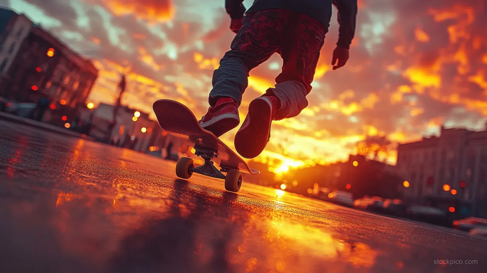 A skateboarder silhouette carves asphalt at sunset with glowing wheels and graffiti-lined city walls.