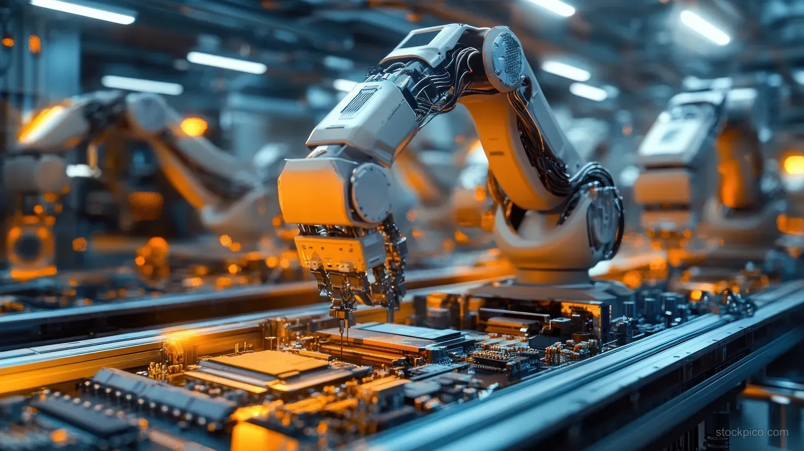 Robotic arm installs microchips on a circuit board as it travels along an automated conveyor in a lit factory.