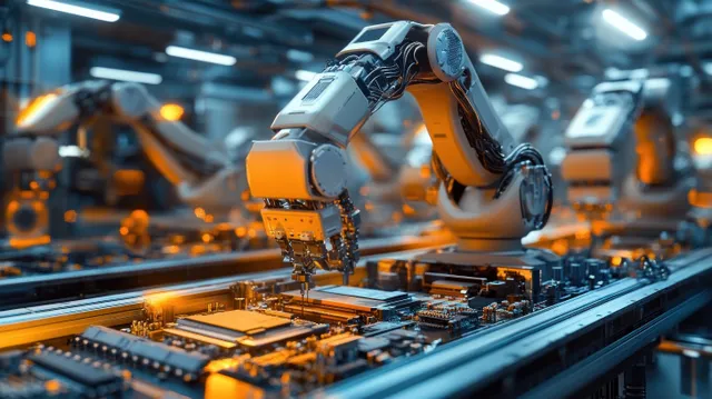 Industrial robotic arm placing microchips onto circuit board on automated conveyor