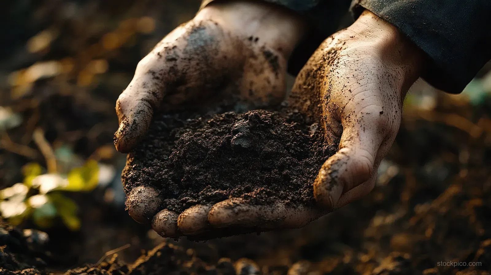 Hands cradling dark fertile soil outdoors, with dirt-covered fingers and detailed soil texture visible.