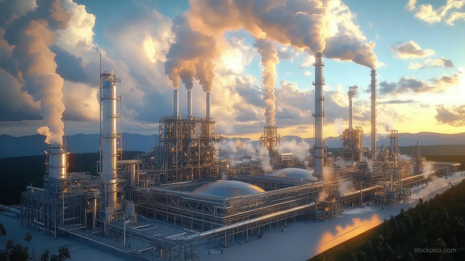 Industrial facility with smokestacks and pipelines under a dramatic sunset sky with clouds.