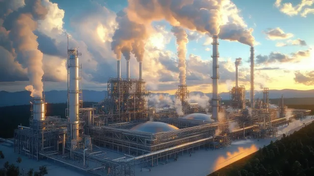 Industrial facility with smokestacks and pipelines under a dramatic sunset sky with clouds.
