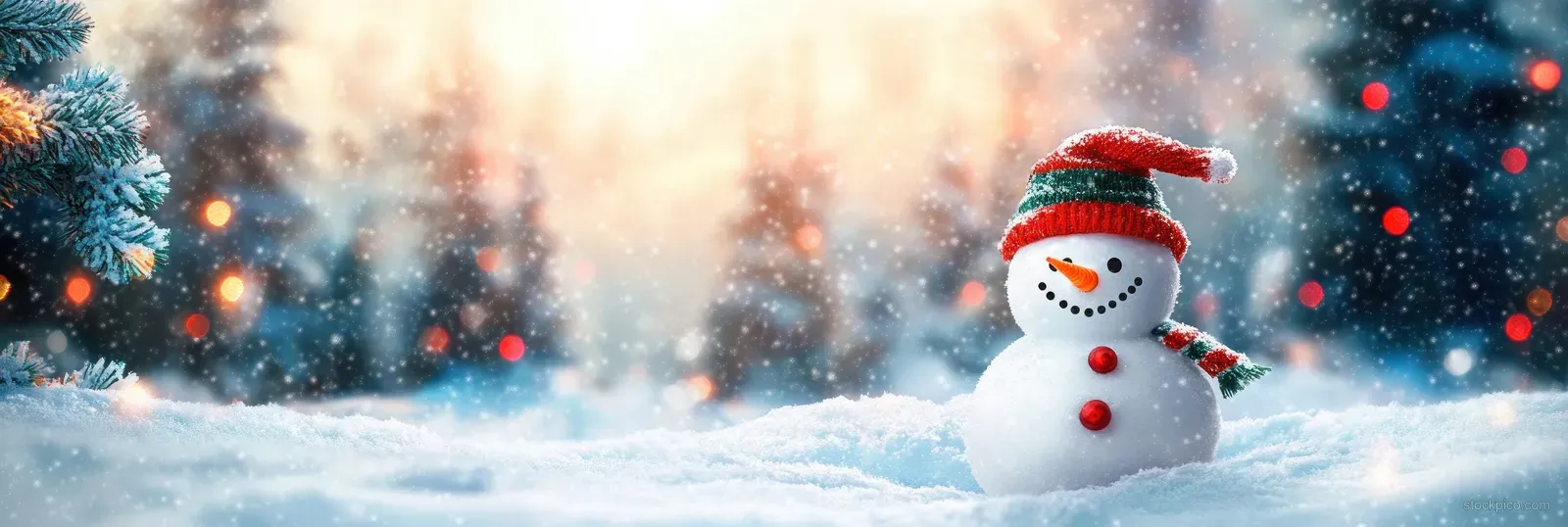 A snowman stands on snowy ground with glowing Christmas lights and falling snow behind.