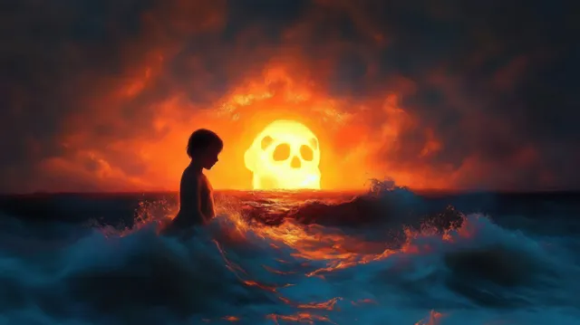 Silhouetted child stands in foaming ocean waves with a glowing skull-shaped sun behind stormy clouds at sunset.