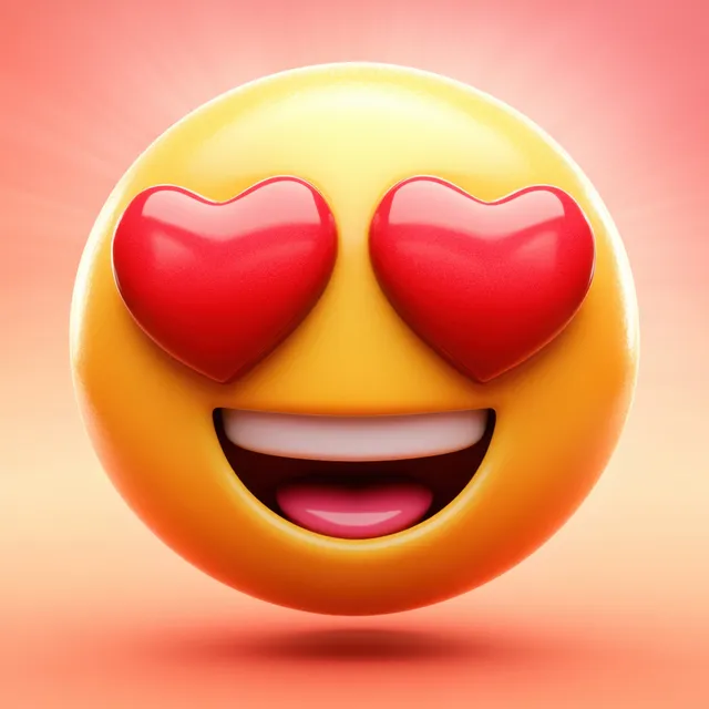 A smiling heart-eyes emoji face with two red hearts for eyes against a warm pastel gradient background.