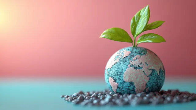 Sprouting plant growing from a blue Earth globe on soil for climate awareness