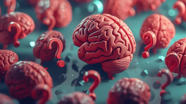 Red brain sculptures shaped like question marks float around a central brain on a teal gradient background.