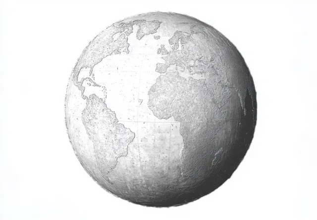 Monochrome 3D textured globe with continents relief and ocean shading on white background
