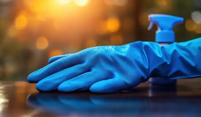 Blue gloved hand sprays disinfectant from a trigger bottle and wipes a glossy countertop surface.