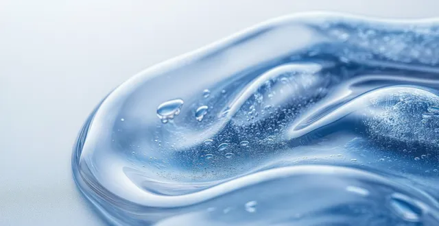 Transparent blue gel close-up with tiny air bubbles and glossy reflections on a pale surface.