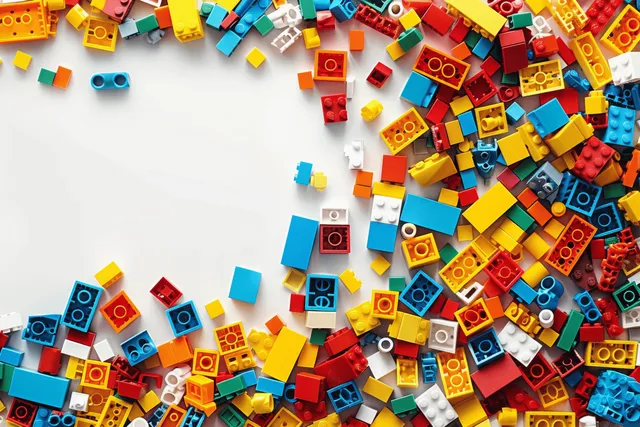 Scattered colorful plastic blocks on white background leaving open center for text or design space