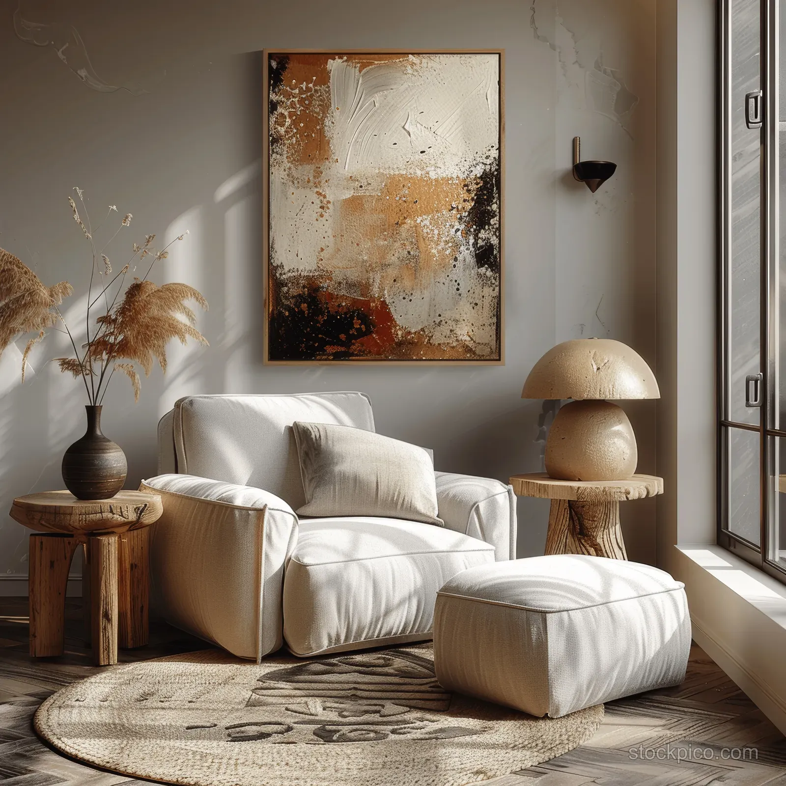 Neutral minimalist boho living room corner with beige barrel armchair, abstract wall art, and warm table lamps.
