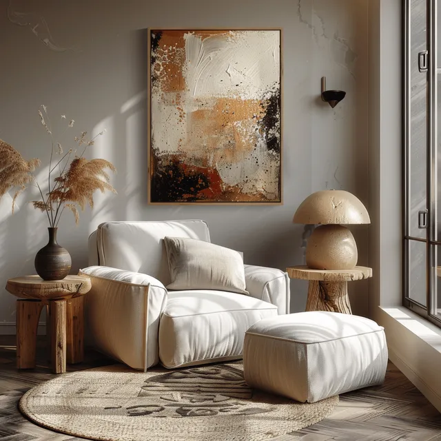 Neutral minimalist boho living room corner with beige barrel armchair, abstract wall art, and warm table lamps.