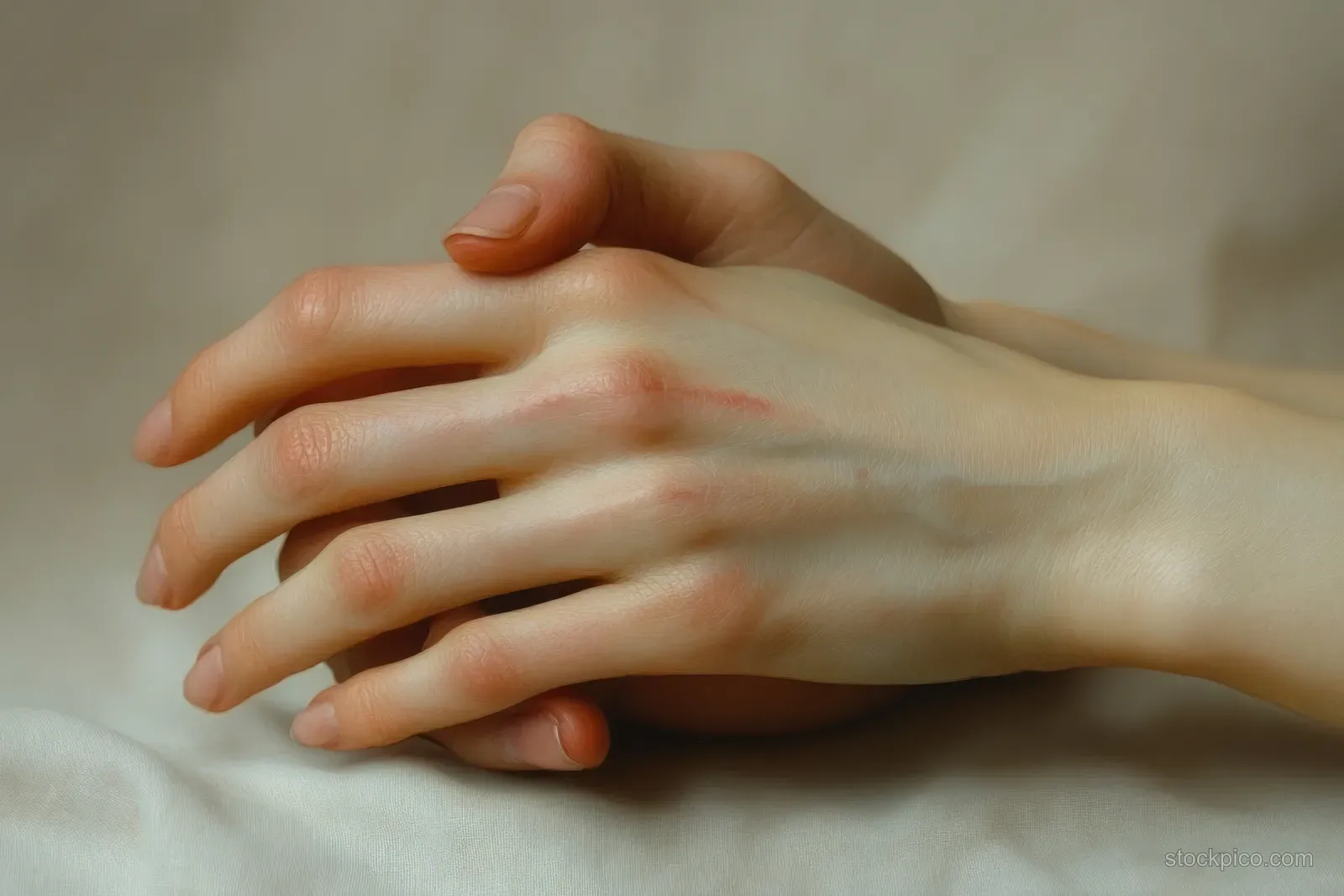 Person rubbing fingertips with visible redness from an itchy rash on the hand.