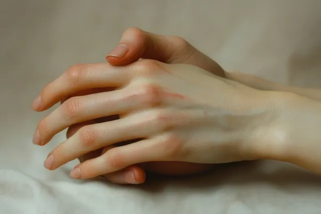Hand rubbing an itchy rash on fingertips with visible redness and irritation