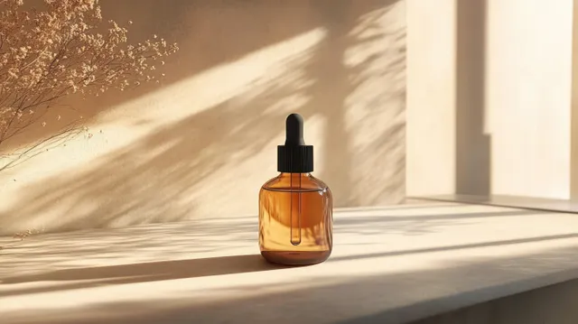 Amber glass dropper bottle positioned on a sunlit stone surface with warm shadows in a minimalist scene.