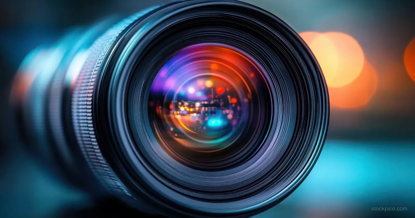 Close-up camera lens with glowing reflections and colorful bokeh lights in the background.
