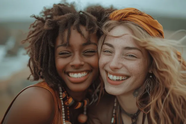 Two young women laughing and hugging outdoors, diverse friendship under warm sunlight