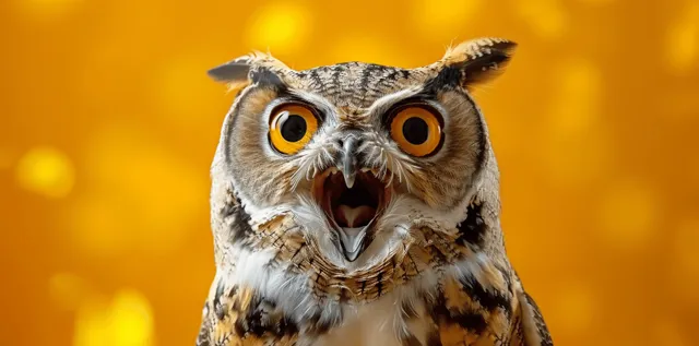 Surprised owl with wide eyes and open beak, perched against warm yellow bokeh