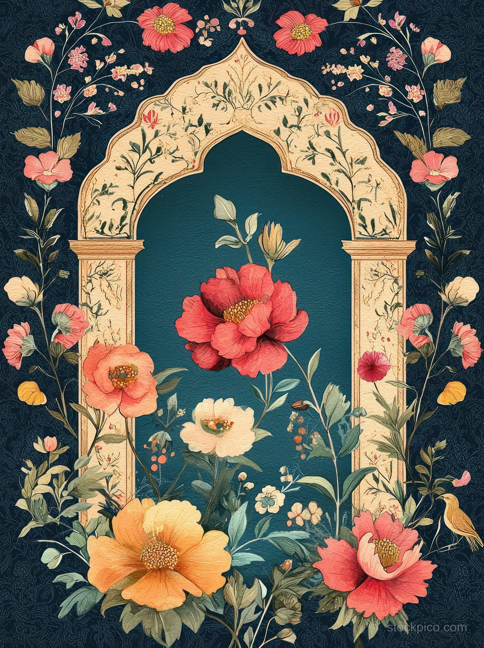 Floral Mughal arch illustration with gold filigree, coral blossoms, and leafy vines on a dark teal background.