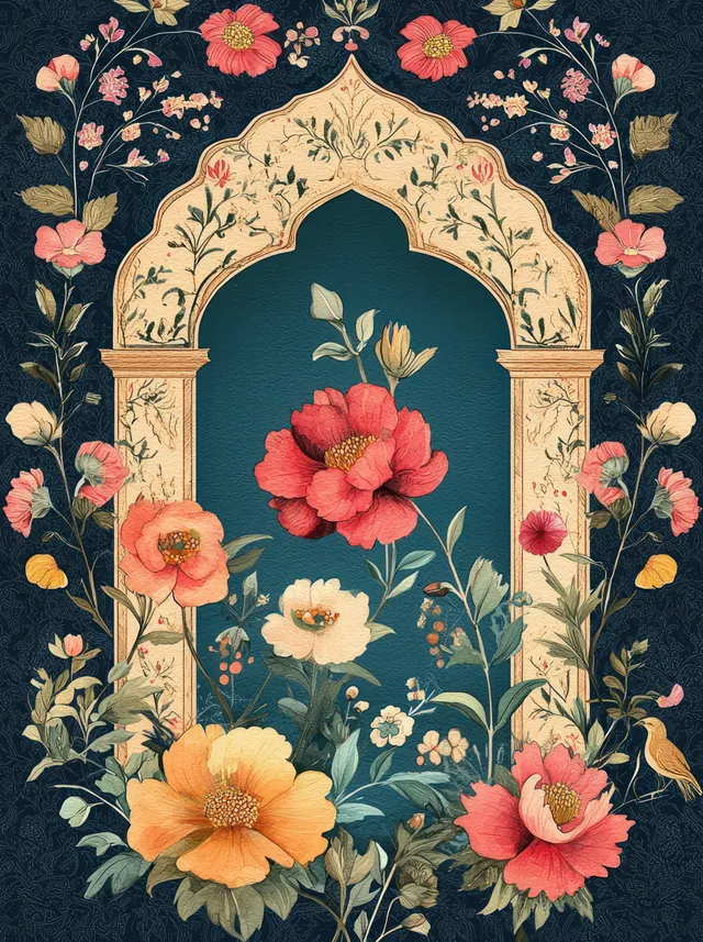 Ilustração de arco floral Mughal com filigrana dourada, flores coral e vinhas folhosas sobre um fundo verde-azulado escuro.