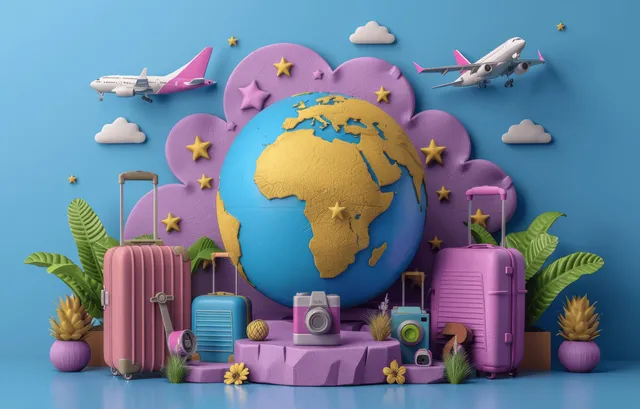 Minimal cartoon illustration of a globe, suitcases, and airplane icons on a blue background, representing travel and vacation planning.