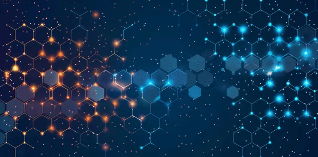 Abstract hexagon molecular network background with glowing connection lines and dark science texture