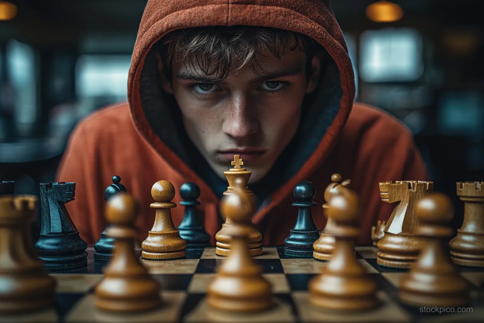 Teen in a hoodie focuses on a chessboard with figures arranged across the table in a blurred cafe.