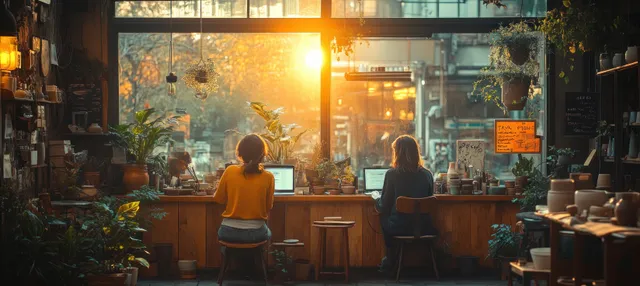 Women collaborate over a laptop in a warmly lit pottery studio, merging craftsmanship with modern technology.