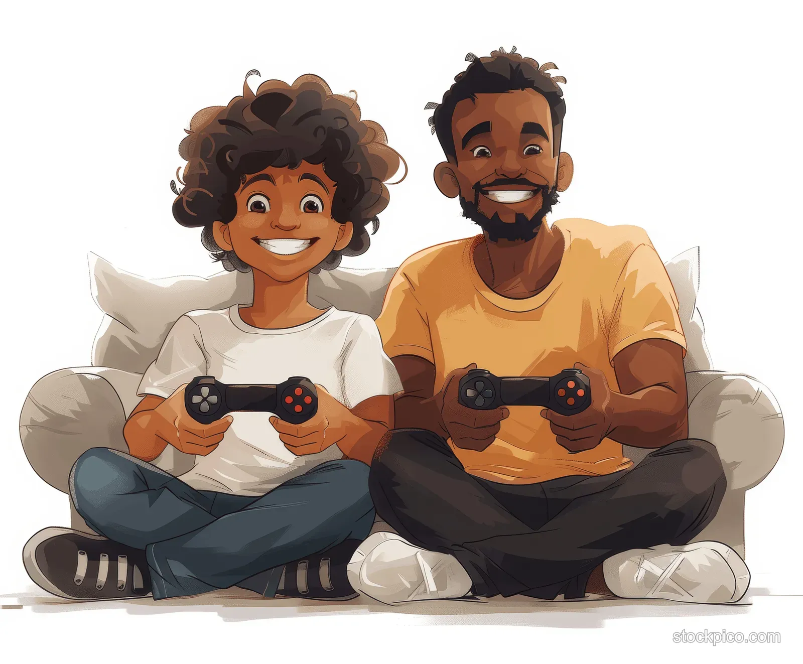 Smiling father and son in 3D cartoon style sit on a couch holding video game controllers against a white background.