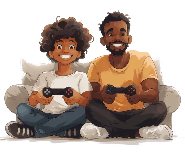 3D cartoon father and son playing video games together on a couch