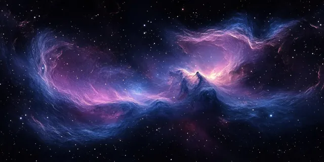 Swirling purple and blue nebula clouds glow across a deep starfield with scattered light points.