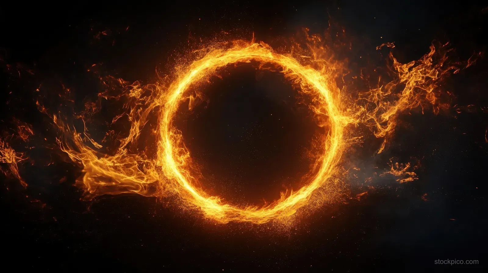 Glowing circular ring of flames with swirling sparks and smoke on a dark background.