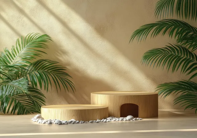Two wooden display platforms sit beside palm leaves and pebbles in warm sunlight.