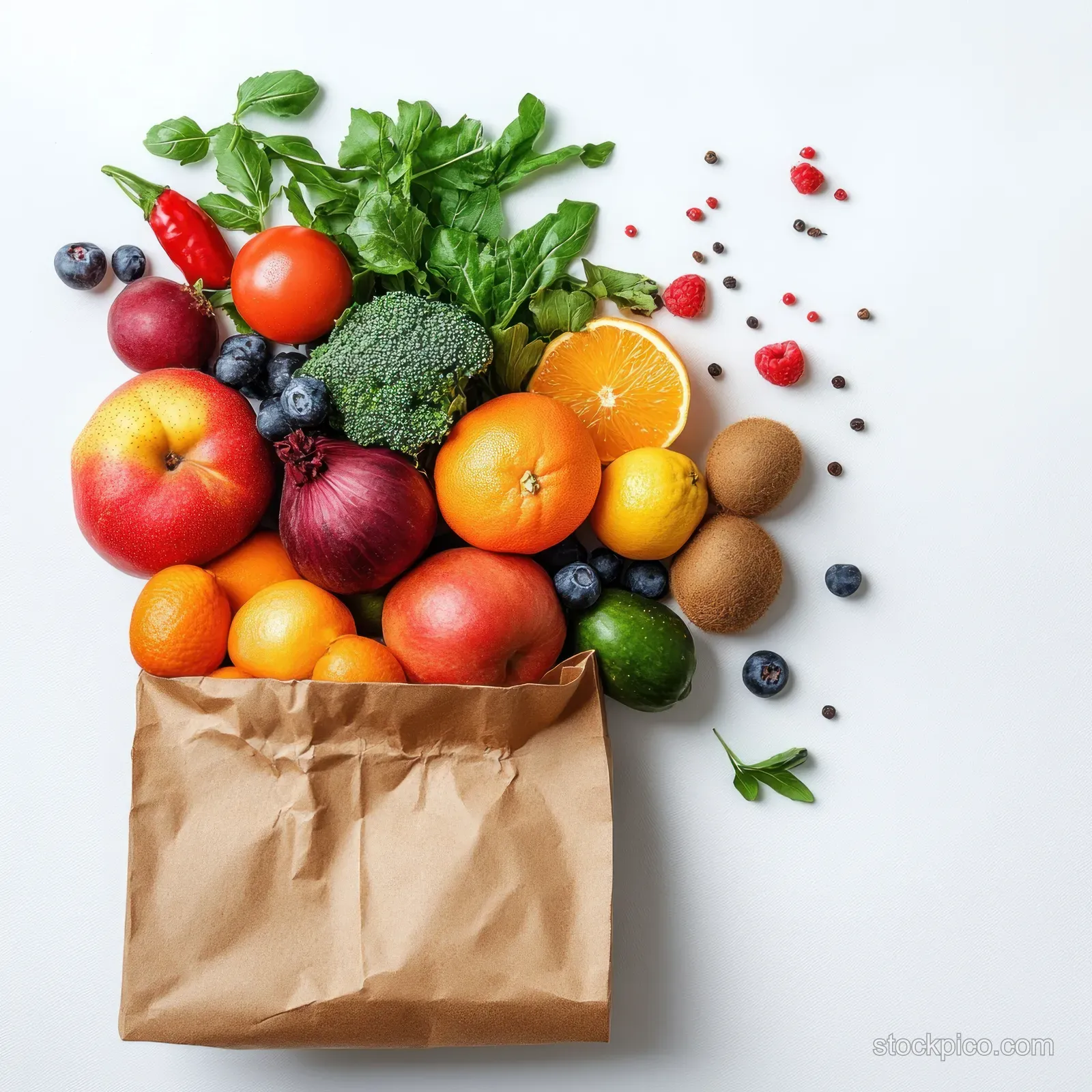 Fresh fruits and vegetables spill from a brown paper bag onto a white background with herbs and seeds scattered around.