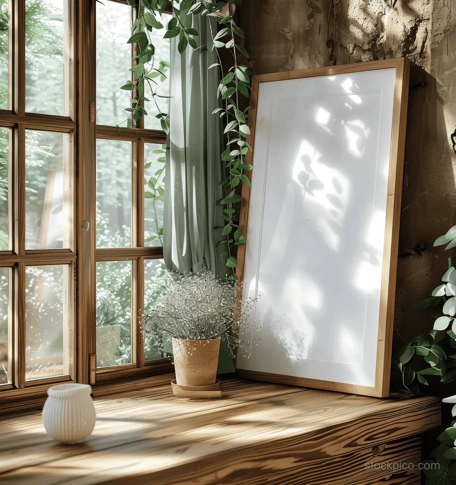 Blank white poster in a wooden frame leaning on a sunlit window sill with green plants nearby.