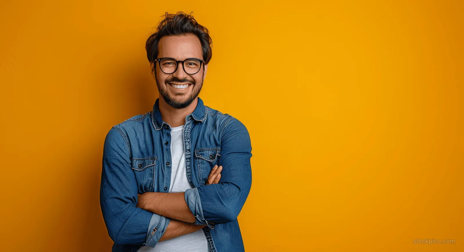 Full-body portrait of a man in a blue denim shirt and glasses standing with arms crossed against a bright yellow background.