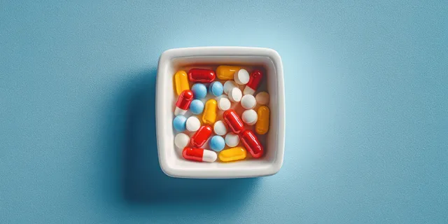 Colorful pills in a white square bowl on blue surface