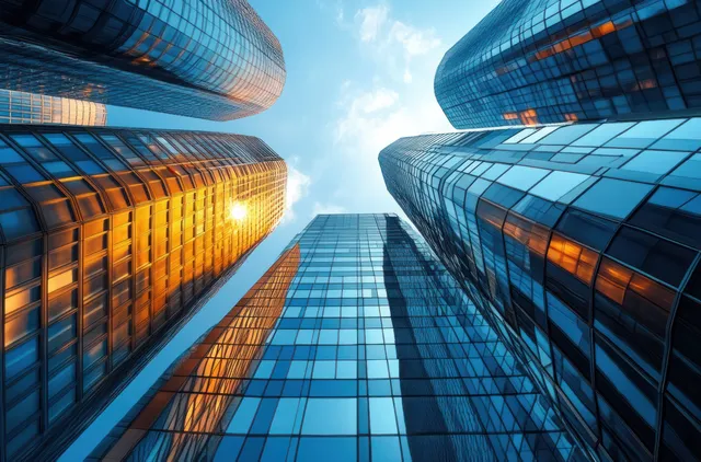 View upward between reflective glass skyscrapers in Milan with a futuristic skyline and warm sunset glow.