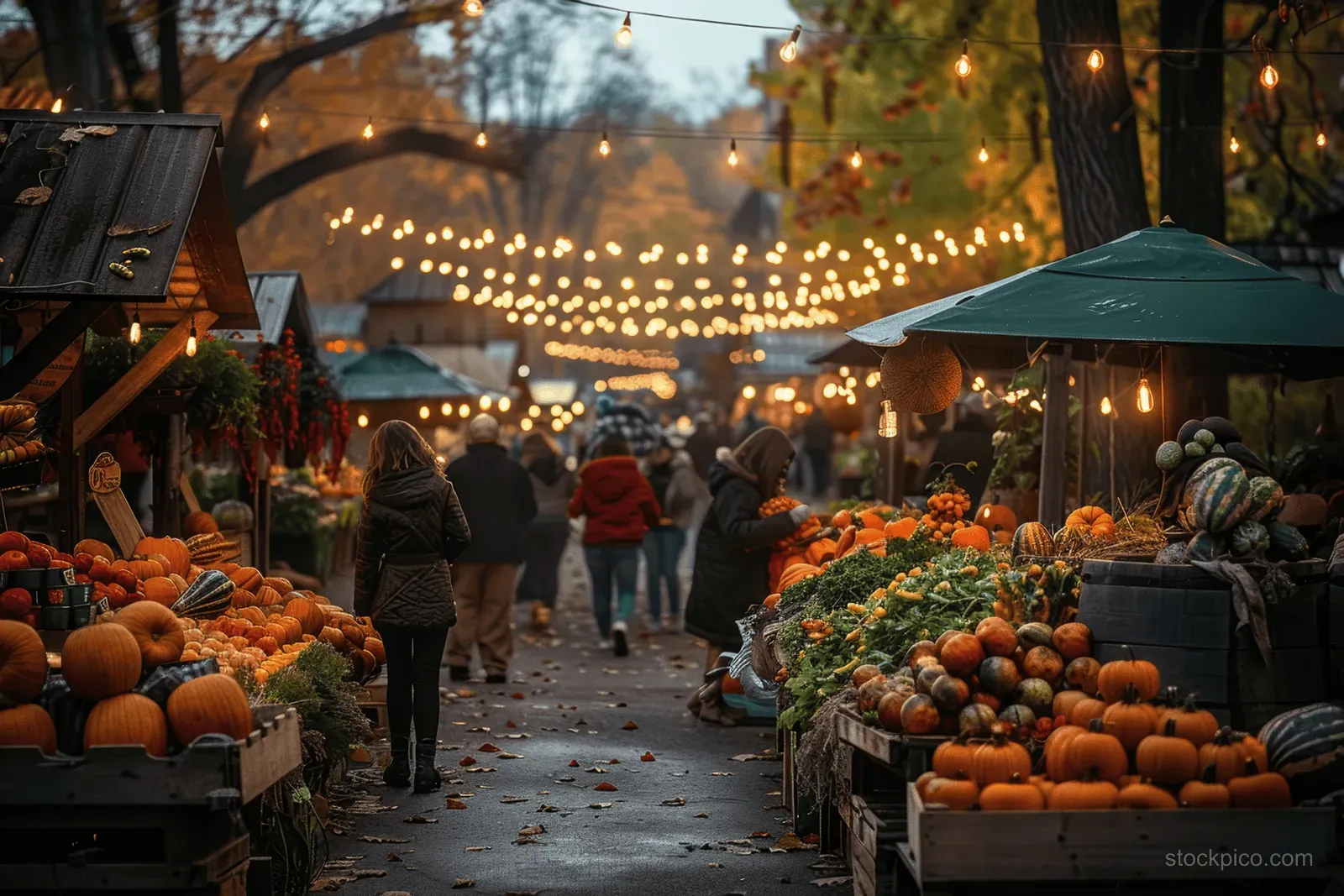 Farmers market aisle at sunset filled with pumpkins and gourds under warm string lights.