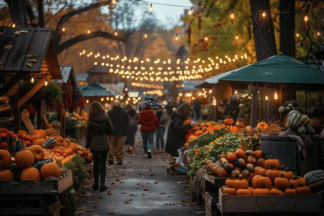 Autumn sunset farmers market walkway with pumpkins, gourds, and warm string lights