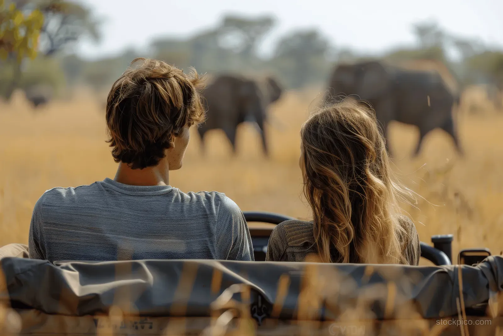 A young couple rides an open safari jeep while elephants walk through the savanna in warm golden light.