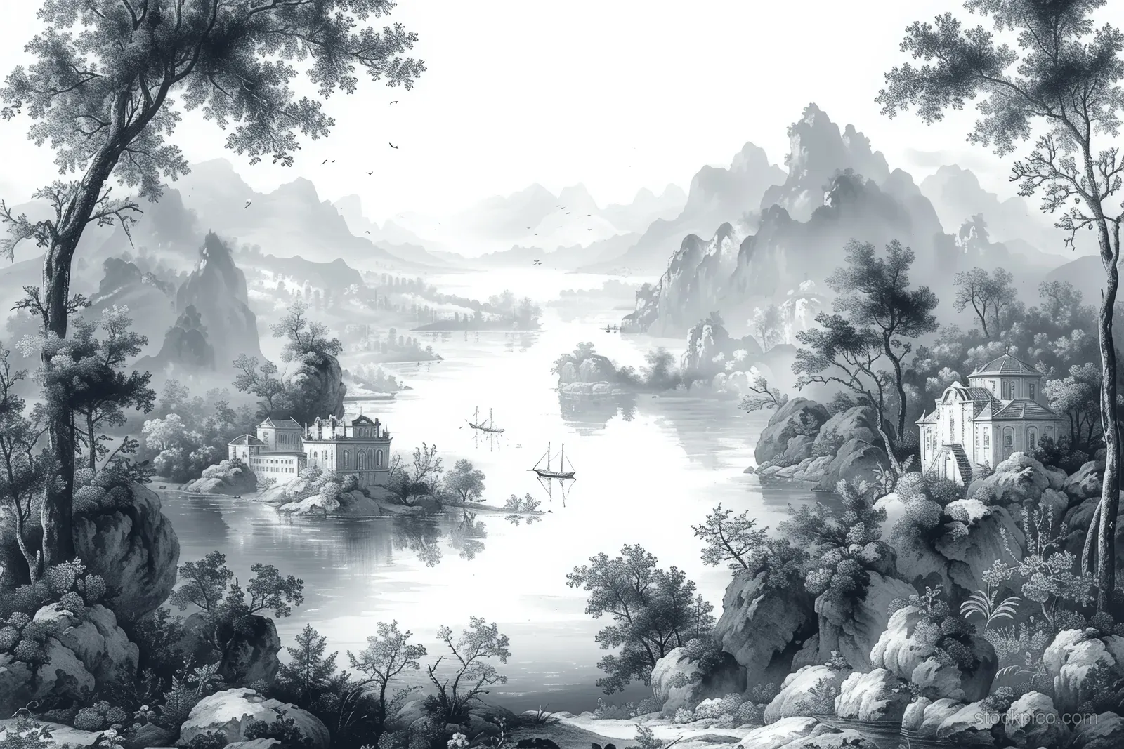 Monochrome toile de Jouy scene of an Indian village along a misty river with boats, trees, and distant hills.
