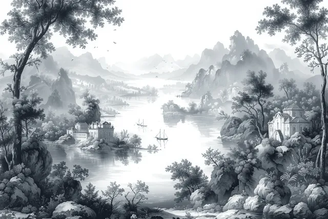 Black and white toile de Jouy landscape wallpaper with Indian village, boats, and misty river