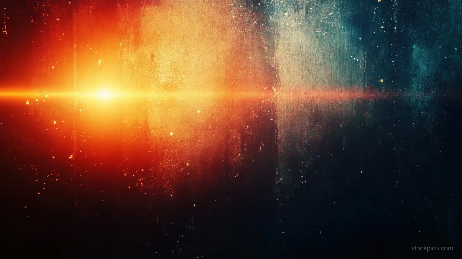 Warm orange light flare and glow wash across a dark grunge background with teal gradients and film grain.