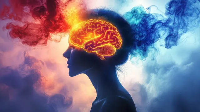 Woman profile silhouette with glowing brain, red and blue smoke swirling behind